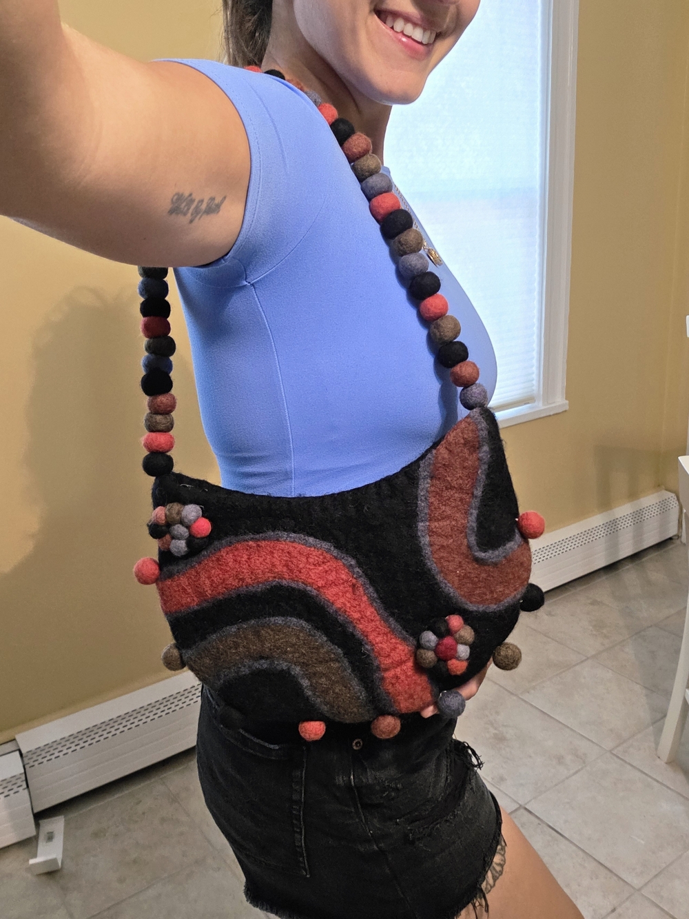 100% Wool Felted Wool Crossbody Bag - Black with Red & Brown Accents